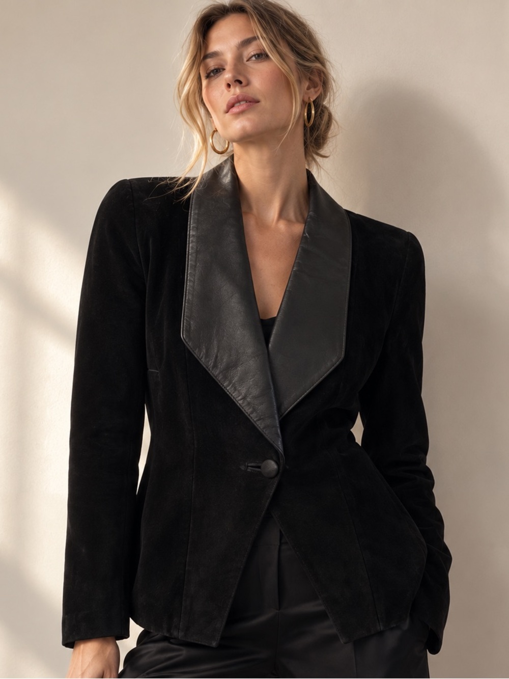 Vintage Danier Black Suede Leather Tuxedo Blazer